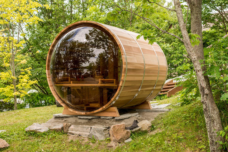 Dundalk leisurecraft europe clear red cedar panoramic view sauna barrel saunas