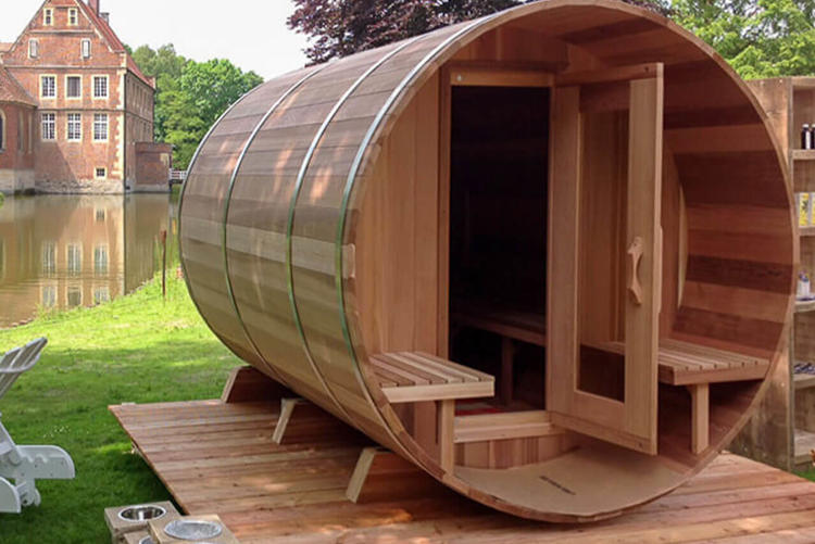 Dundalk-leisurecraft-europe-clear-red-cedar-barrel-sauna-relax-porch