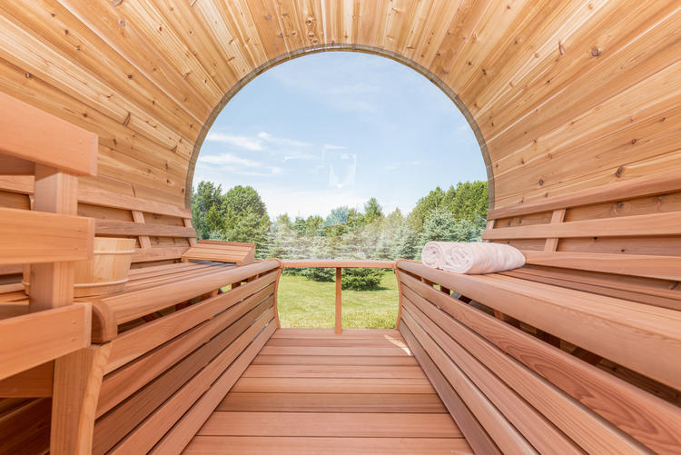 Panoramic sauna interior knotty cedar Leisurecraft Europe