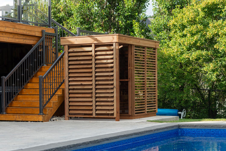 Pure Cube Collection outdoor sauna with shower stall