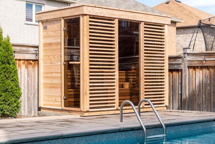 Outdoor sauna red cedar knotty Leisurecraft Europe Pure Cube collection