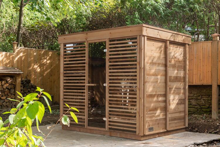 Leisurecraft Europe red cedar knotty outdoor sauna pure cube collection