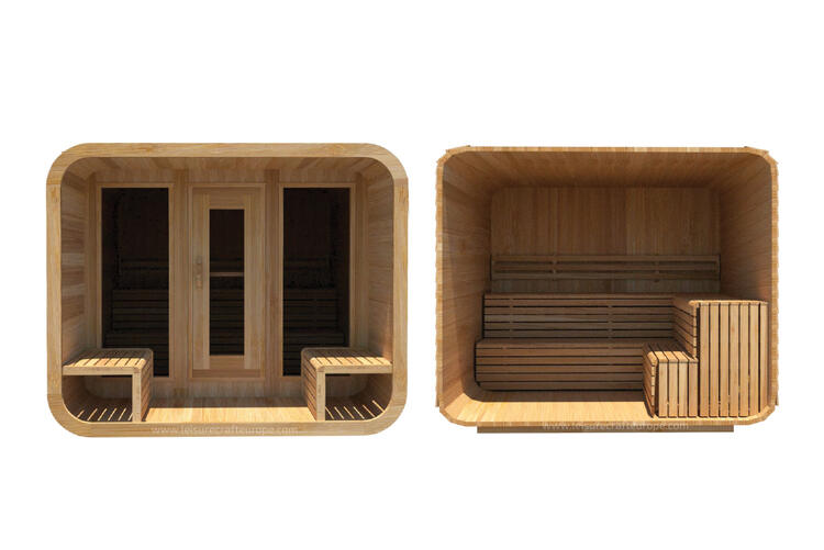 Luna-sauna-with-front-porch-and-L-shape-benches-Leisurecraft-europe