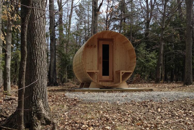 Barrel sauna red cedar knotty with front porch