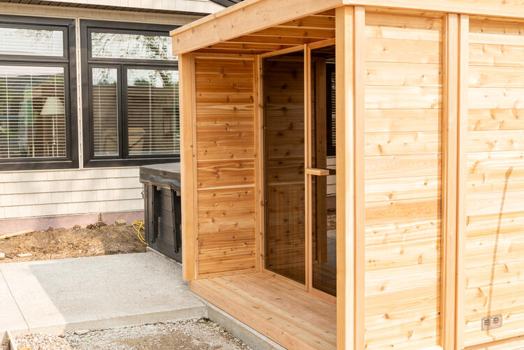 outdoor pure cube sauna with front porch leisurecraft europe
