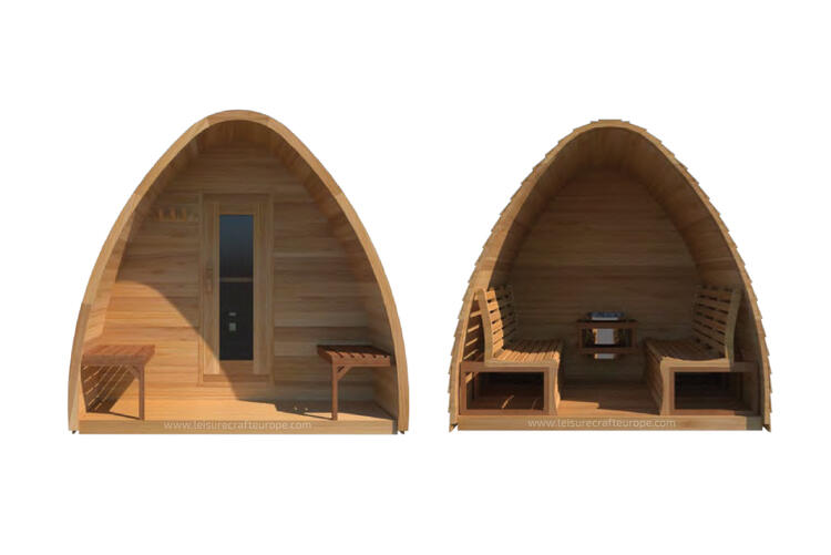 Pod-sauna-with-signature-benches-and-front-porch-Leisurecraft-Europe