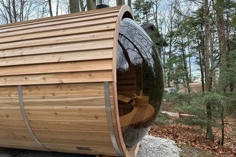 Panoramic sauna bubble red cedar knotty