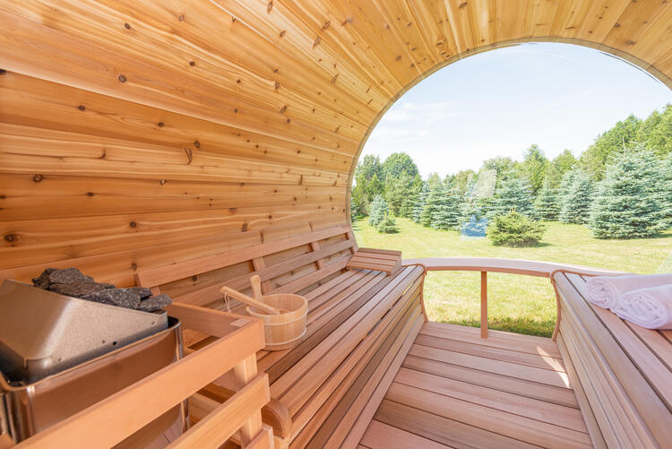 Leisurecraft Europe Panoramic sauna Knotty red cedar outdoor sauna