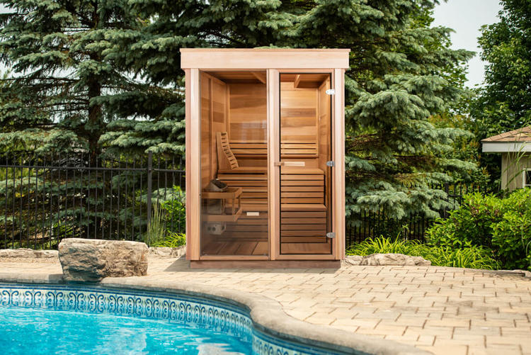 Pure Cube 2 person outdoor sauna leisurecraft europe red cedar full glass