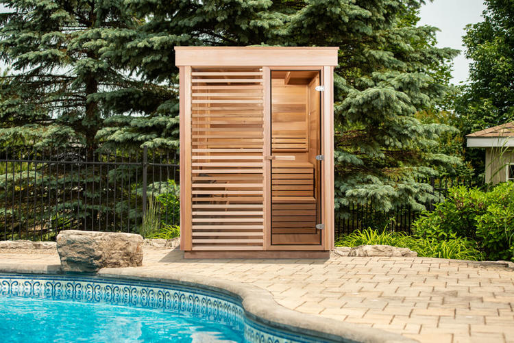 Pure Cube 2 person outdoor sauna leisurecraft europe red cedar privacy panel
