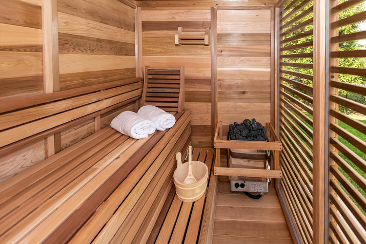 Leisurecraft Europe Dundalk pure cube outdoor sauna interior indoor
