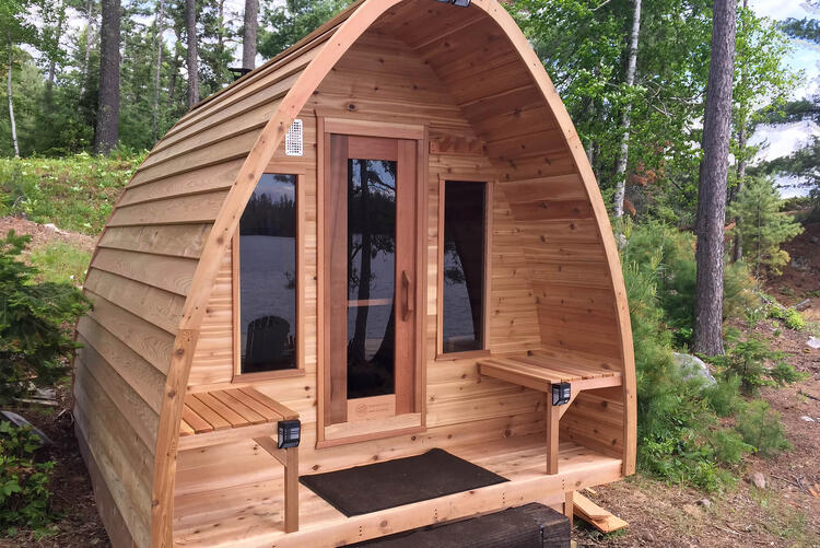 Dundalk Leisurecraft europe POD sauna knotty western red cedar front porch extra natural light