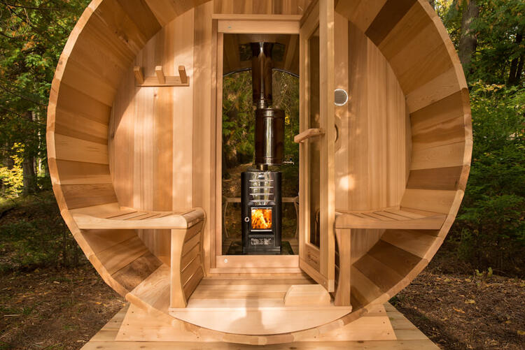 Dundalk leisurecraft europe clear red cedar panoramic view sauna wood burned saunas