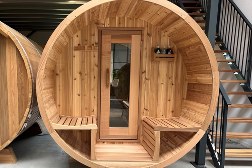 Offre Sauna Tonneau en cèdre rouge noueux  Ø 213 cm x L310 cm